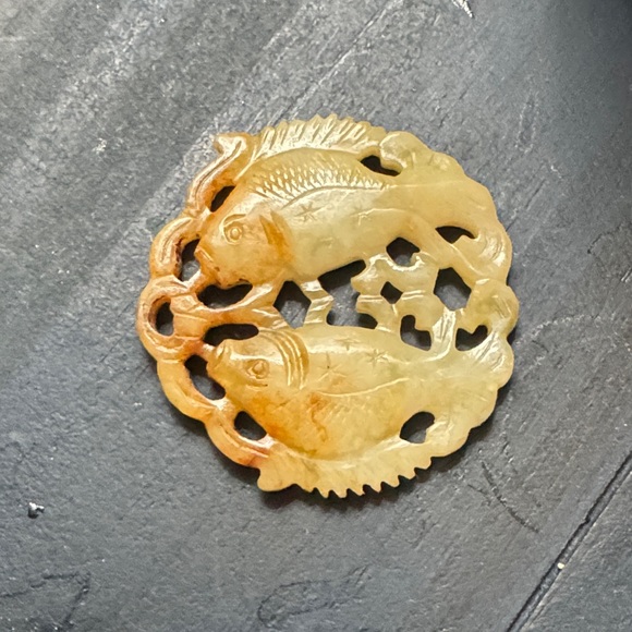Antique Carved Jade Pendant Featuring Two Fish in Circular Design